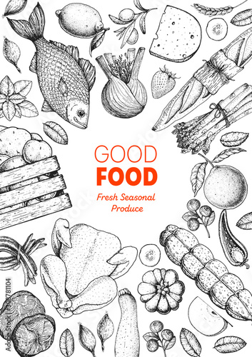 Various food frame. Good food store design concept. Organic food illustration. Farmers market design elements. Hand drawn sketch.
