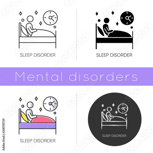 Sleep deprivation icon. Insomnia. Man alone in bed. Awake at night. Sleeplessness. Disturbed sleep. Dyssomnia. Mental disorder. Flat design, linear and color styles. Isolated vector illustrations photo