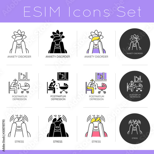 Mental disorder icons set. Anxiety and worry. Postpartum and postnatal depression. Stress and exhaustion. Migraine, headache. Flat design, linear, black and color styles. Isolated vector illustrations