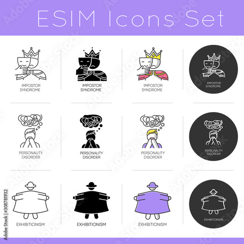 Mental disorder icons set. Impostor syndrome. Personality disorder. Exhibitionism. Sexual perversion. Confusion and stress. Flat design, linear, black and color styles. Isolated vector illustrations