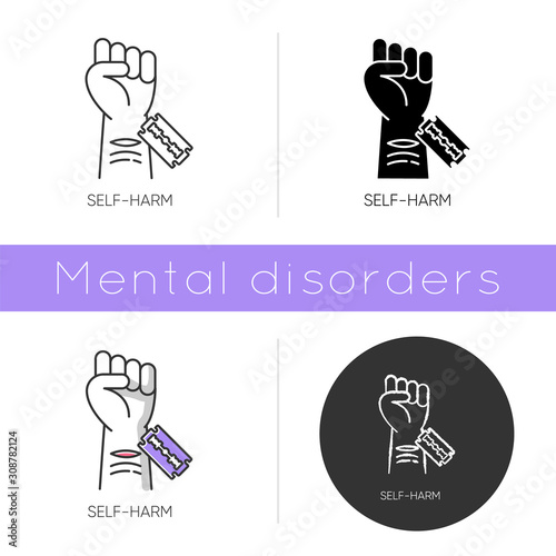 Self-harm icon. Cut hand with razor blade. Open wound. Mental disorder psychotherapy. Hurt vein. Self-inflicted violence. Flat design, linear and color styles. Isolated vector illustrations