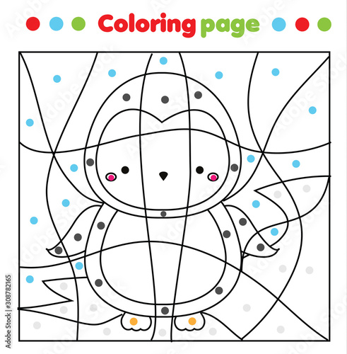 Cute penguin coloring page. Color by dots, printable activity. Worksheet for toddlers and pre school age. Children educational game