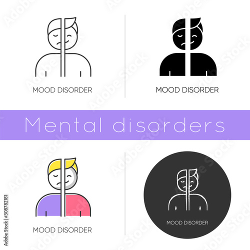 Mood disorder icon. Manic and depressive episodes. Dysthymia, cyclothymia. Emotional swing. Psychiatric issue. Mental health. Flat design, linear and color styles. Isolated vector illustrations