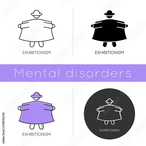 Exhibitionism icon. Nude body exposure. Pervert in open coat. Deviation and perversion. Paraphilia. Mental disorder. Flat design, linear and color styles. Isolated vector illustrations