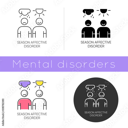Seasonal affective disorder icon. Mood swing. Emotional change. Manic and depressive episodes. Anxiety. Low energy. Mental health. Flat design, linear and color styles. Isolated vector illustrations