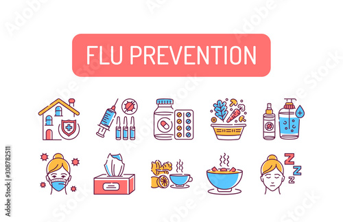 Flu prevention color line icons set. Prevention of the disease and spread of the influenza virus. Pictogram for web page, mobile app, promo. UI UX GUI design element. Editable stroke.