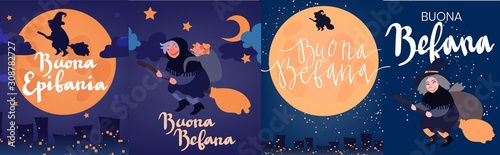 Buona Befana greeting card template set with handwritten lettering, old witch flying on a broom in the night to bring presents. Hand drawn flat vector illustration. Phrase translation: Happy Epiphany photo