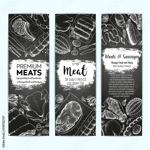 Meat top view, banner collection. Vector illustration set. Engraved design. Hand drawn illustration. Meat products design template.
