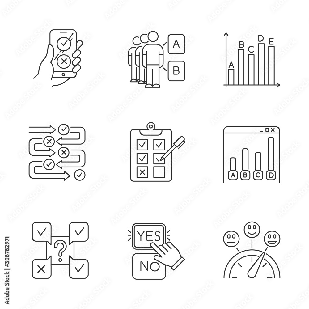 Survey linear icons set. Online poll. Select answer, option. Social opinion. Written test. Statistics infograph. Thin line contour symbols. Isolated vector outline illustrations. Editable stroke Survey linear icons set. Online poll. Select answer, option. Social opinion. Written test. Statistics infograph. Thin line contour symbols. Isolated vector outline illustrations. Editable stroke