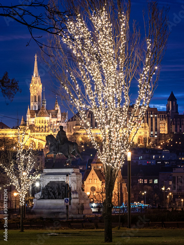 View on the famous Fishermen's Bastion in Budapest in winter with christmas l...