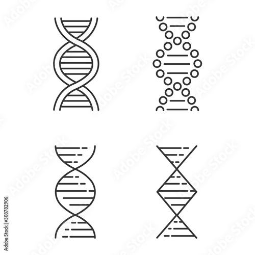 DNA spiral strands linear icons set. Deoxyribonucleic, nucleic acid helix. Molecular biology. Genetic code. Genetics. Thin line contour symbols. Isolated vector outline illustrations. Editable stroke