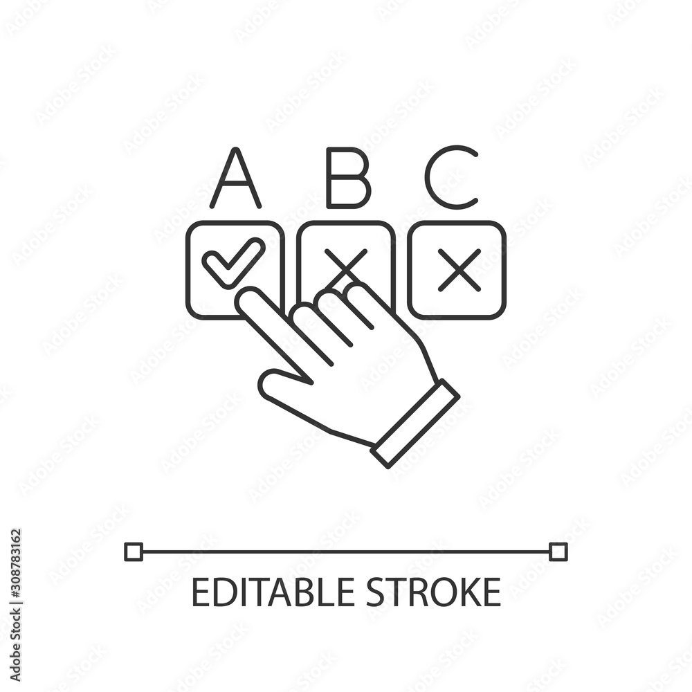 Choosing option linear icon. Hand picking checkbox. Selecting answer. Online survey. Click button. Voting. Thin line illustration. Contour symbol. Vector isolated outline drawing. Editable stroke - obrazy, fototapety, plakaty 