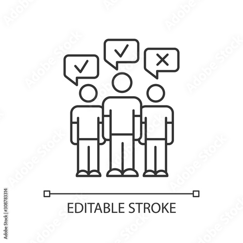 Mass survey linear icon. Social opinion, public poll. People voting. Agree and disagree. Feedback. Thin line illustration. Contour symbol. Vector isolated outline drawing. Editable stroke