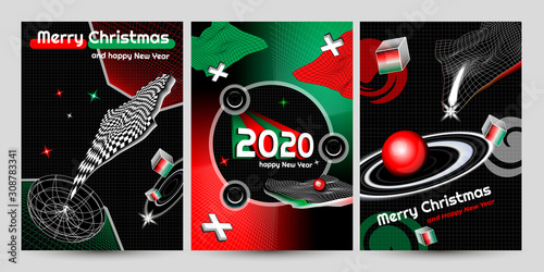 Christmas and new Year 2020 Posters With Geometric Shapes. Vector EPS 10