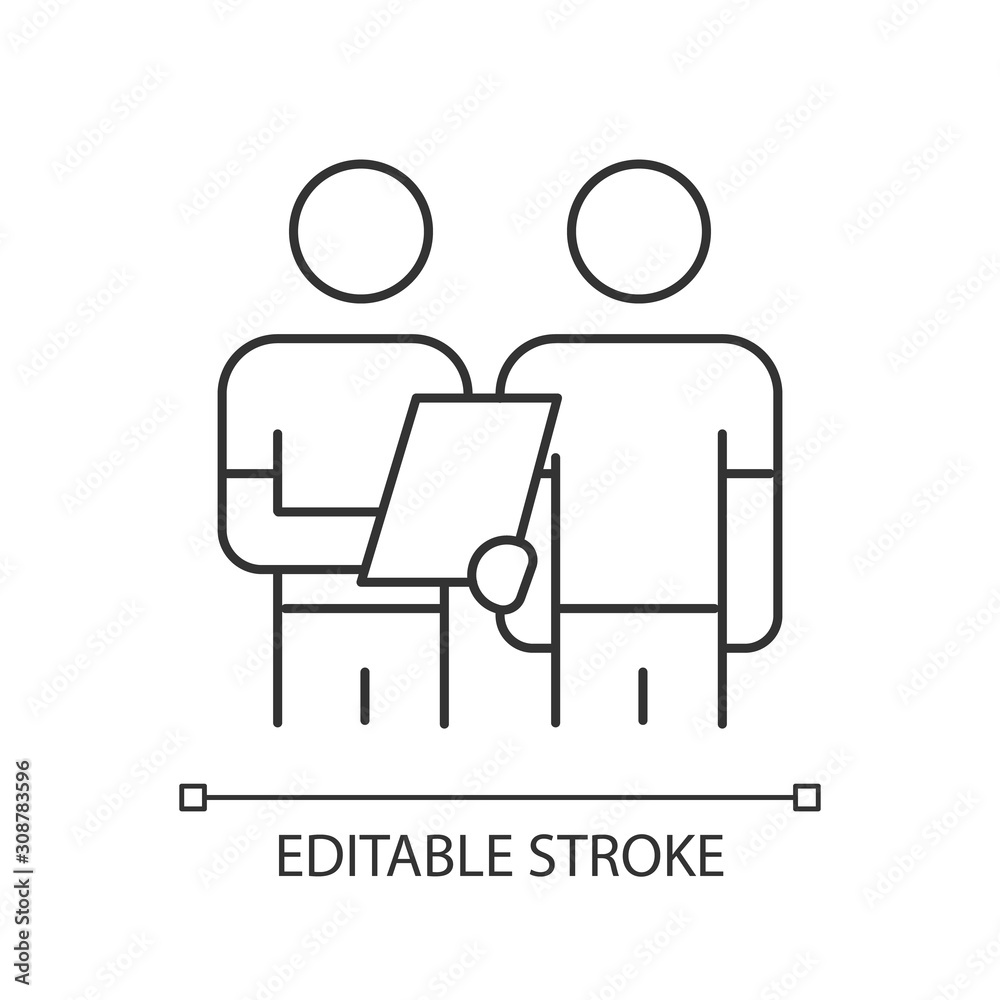 Oral survey linear icon. Two people Interviewing. Question and answer. Dialogue, talk. Recruiter with employee. Thin line illustration. Contour symbol. Vector isolated outline drawing. Editable stroke Oral survey linear icon. Two people Interviewing. Question and answer. Dialogue, talk. Recruiter with employee. Thin line illustration. Contour symbol. Vector isolated outline drawing. Editable stroke