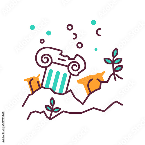 Lost city color icon. Ancient ruins in ocean. Columns underwater. Damaged pillar on sea bottom. Broken temple. Archeological discovery. Marine lost city exploration. Isolated vector illustration