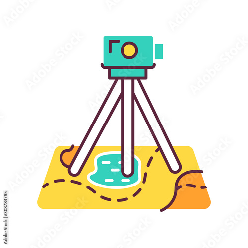 Field survey color icon. Research equipment. Archeological examination. Digital tool on map. Land review. Geological inspection. Topographic data gathering. Isolated vector illustration