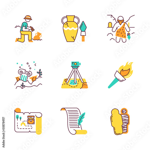 Archeology color icons set. Excavation and research. Archeologist. Ancient artifacts. Caveman with beard. Ruins. Filed survey. Flambeau. Treasure map, manuscript. Mummy. Isolated vector illustrations