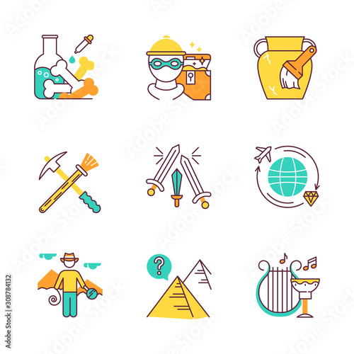 Archeology color icons set. Lab research. Marauding. Artifact restoration equipment. Sword fight. Treasure hunt. Researcher. Pyramid mystery. Ancient culture. Isolated vector illustrations photo
