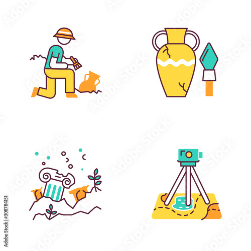 Archeology color icons set. Excavation and research. Ancient artifact. Amphora and spear. Lost cities. Column ruins. Field survey. Historical discoveries. Isolated vector illustrations