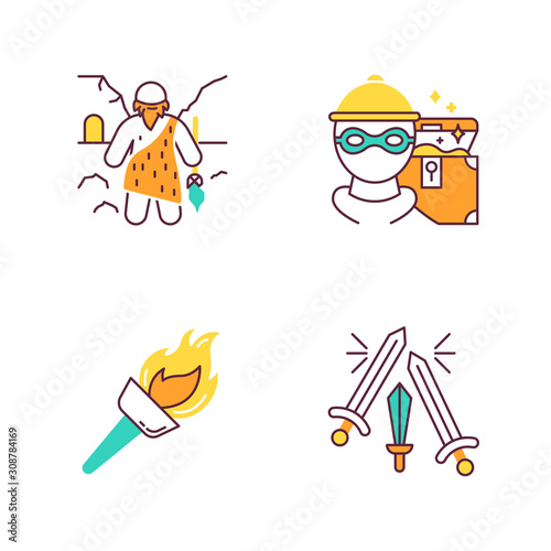 Archeology color icons set. Prehistoric man. Caveman. Marauding. Treasure hunt. Robbery. Flambeau. Flaming torch. Beacon. Sword fight. Weapons clash in battle. Isolated vector illustrations photo