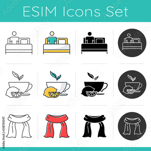 Common cold icons set. Bed rest. Man relaxaing. Lemon tea for detox. Neckscarf. Healthcare. Flu infection treatment. Flat design, linear, black and color styles. Isolated vector illustrations