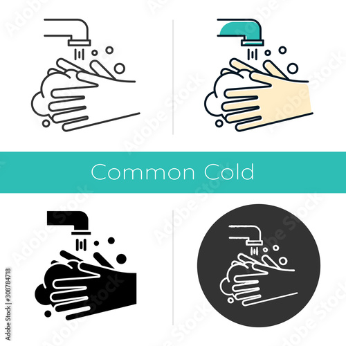 Rinse hands icon. Hygiene and healthcare. Common cold precaution. Germ cleansing. Washing hand. Disinfect from flu bacteria. Flat design, linear and color styles. Isolated vector illustrations
