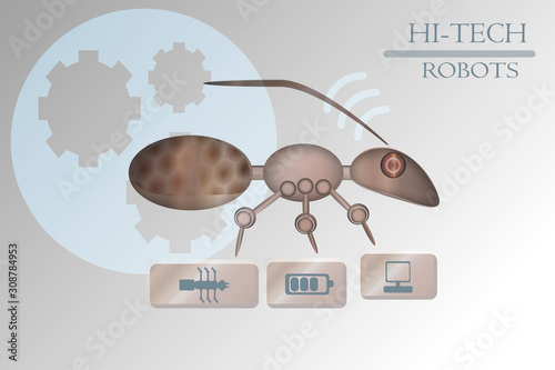 Robot ant. Robot icon. Logo or emblem. Grey color. Illustration can be used in the internet advertisements, banners, websites, infographics. Futuristic design.  Electrical appliances. Simple symbol.
