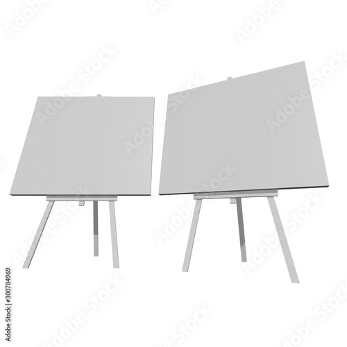 Blank white easel with canvas. 3d render isolated on white background.