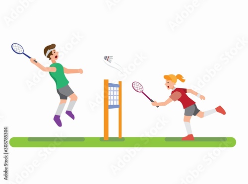 illustration of people playing badminton with friend and ready to smash shuttlecock, sport competition in cartoon flat editable vector