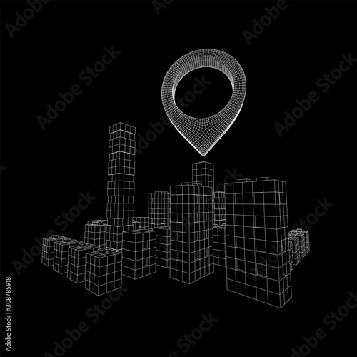 Geo map pin on Mesh low poly wireframe cubes array like skyscraper city. Connected lines town. Connection Box Structure. Digital Data Visualization Concept. Vector Illustration.. Place GPS pictogram.
