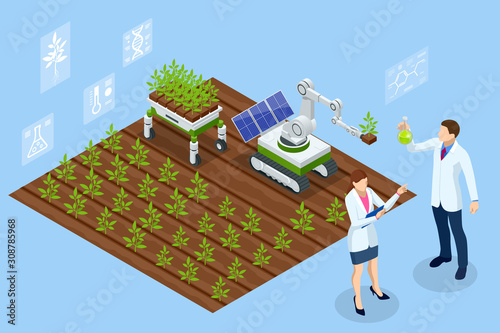Isometric concept of laboratory exploring new methods of plant breeding and agricultural genetics. Vegetable hydroponic system, agriculture in the greenhouse organic for health food