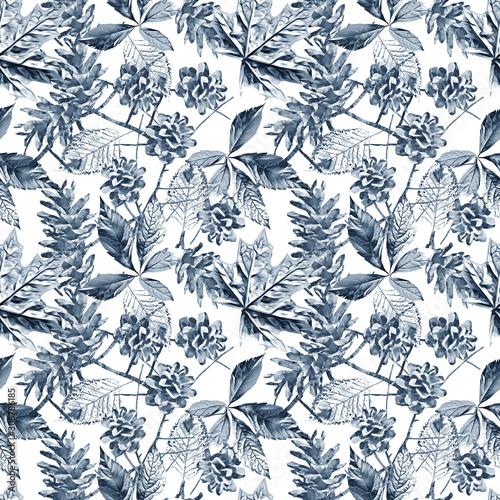 Pine cones with leaves seamless pattern.