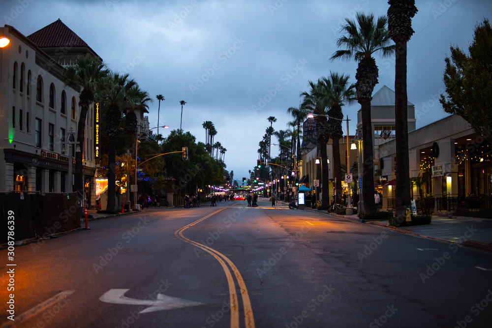 Downtown California street with palm trees at evening