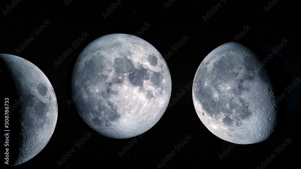 Seamless animation of moon phases with stars and milky way in the background. Elements of this image furnished by NASA.