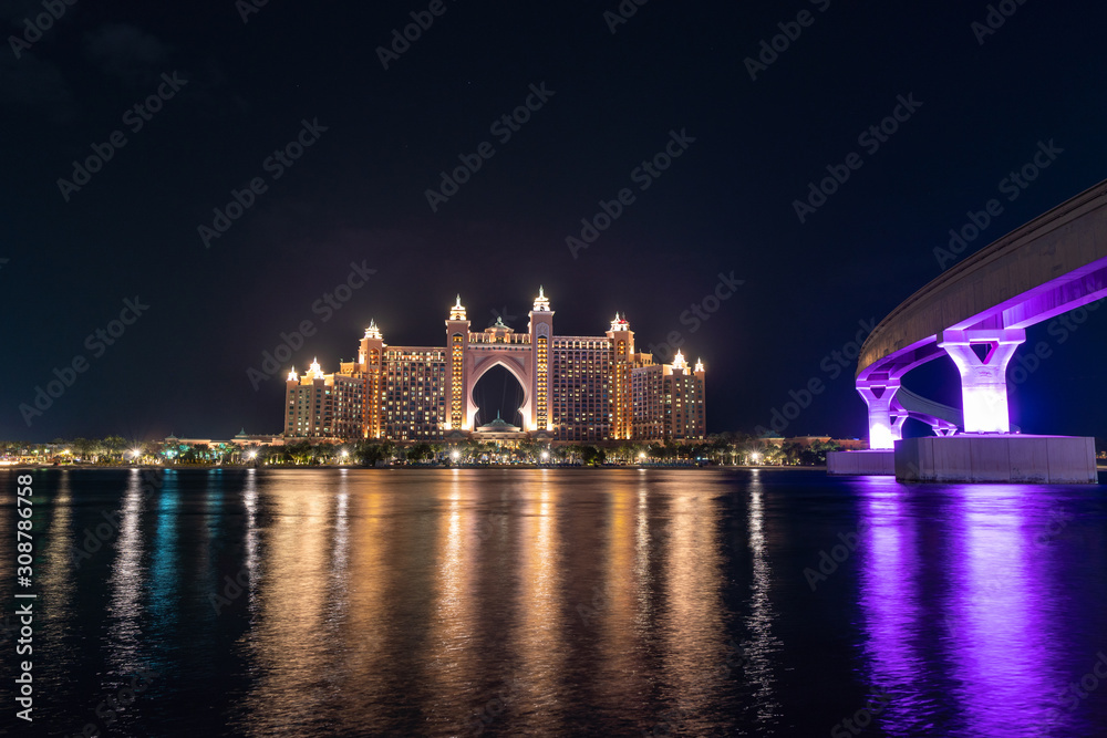 Night view of the Luxurious Atlantis Hotel in Palm Jumeirah taken at the blue hour, Dubai UAE