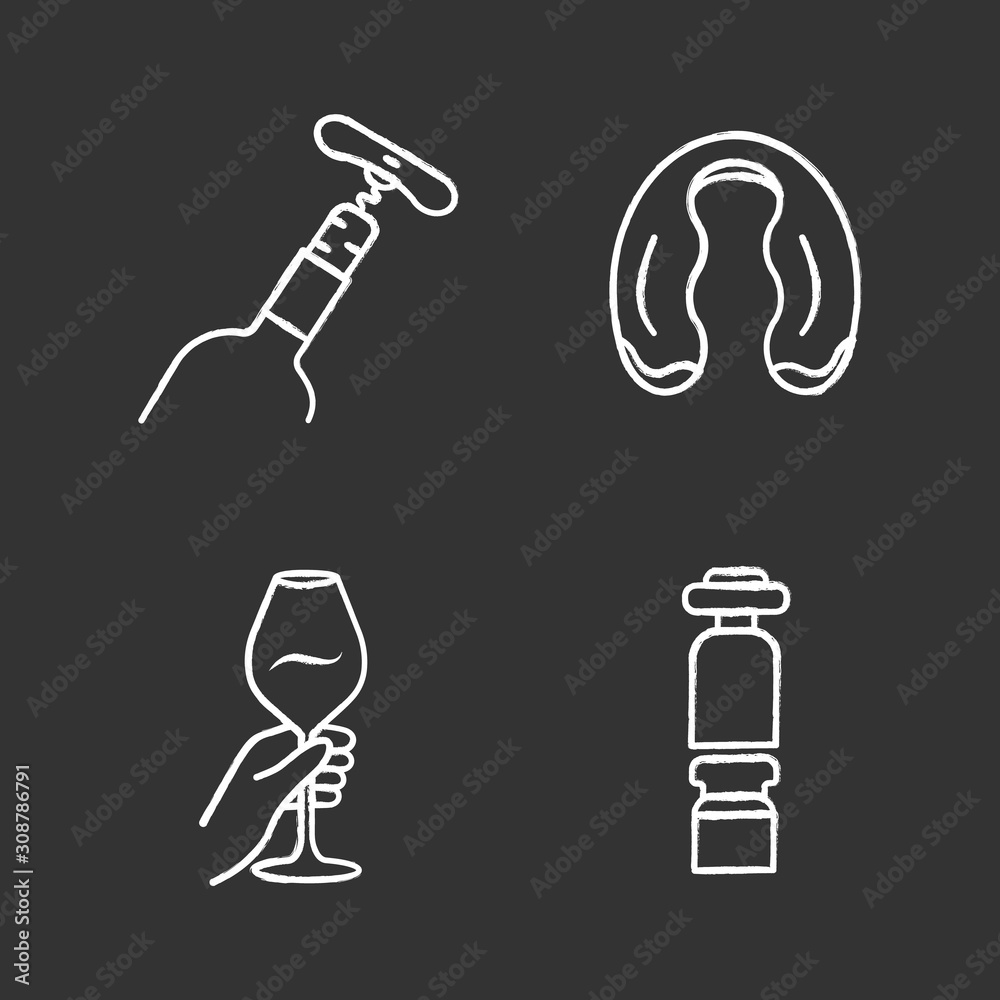 Winery and wine service chalk icons set. Hand holding glass of cocktail. Bottle with corkscrew. Decanter, foil cutter. Aperitif drink, alcohol beverage. Isolated vector chalkboard illustrations Winery and wine service chalk icons set. Hand holding glass of cocktail. Bottle with corkscrew. Decanter, foil cutter. Aperitif drink, alcohol beverage. Isolated vector chalkboard illustrations