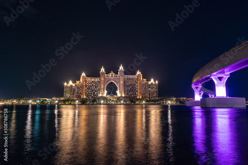 Night view of the Luxurious Atlantis Hotel in Palm Jumeirah taken at the blue hour, Dubai UAE