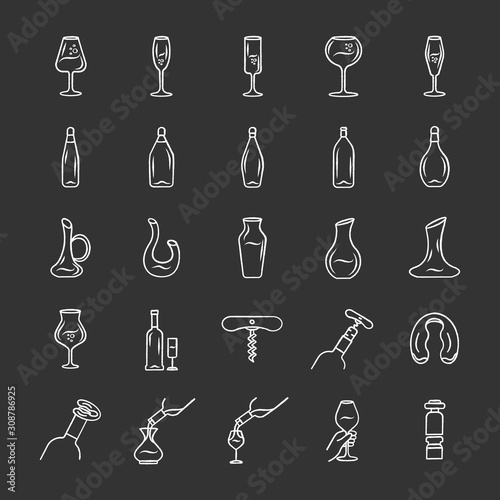 Wine and wineglasses chalk icons set. Different types of glassware and alcohol beverages. Decanters, bottles, barman tools. Aperitif drinks, cocktails. Isolated vector chalkboard illustrations