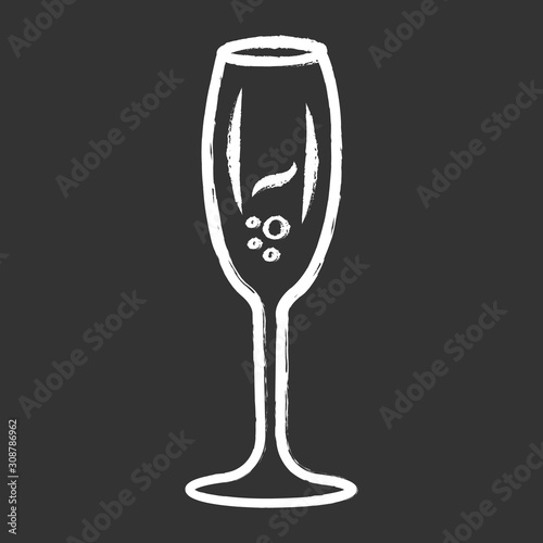 Sparkling wine chalk icon. Tulip wineglass. Champagne. Alcohol beverage. Party cocktail. Sweet aperitif drink. Tableware, glassware. Bar, restaurant. Isolated vector chalkboard illustration