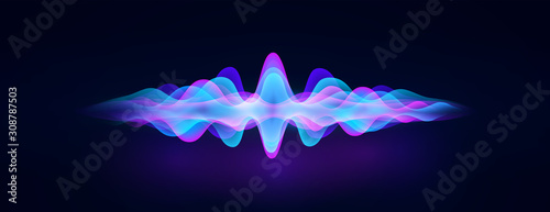 Voice recognition. Personal assistant. Smart music sound waves or voice recognition technology. Soundwave intelligent technologies. Vector illustration. Volume curve energy waveform. Neon Ai concept.
