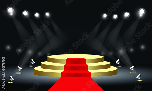 Golden round podium. Pedestal with red carpet for the award ceremony. The platform is illuminated by spotlights. Vector illustration