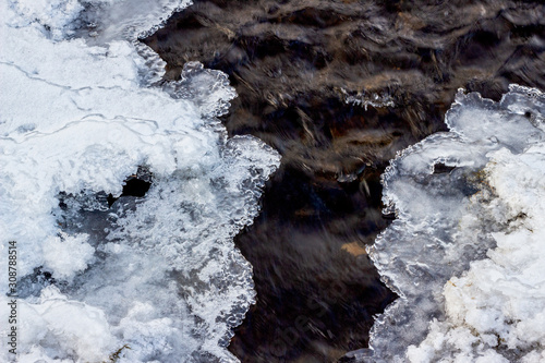 Ice on the river in winter. Picturesque hoarfrost, crystals on river ice over dark flowing water with a transparent bottom. Close-up. Selective, soft focus.