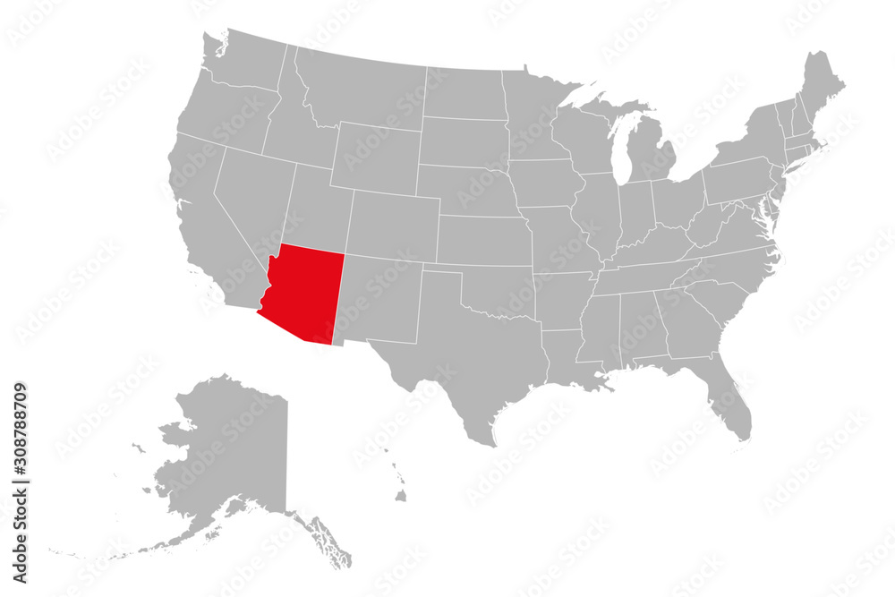 Arizona state marked red on USA map political vector. Gray background.
