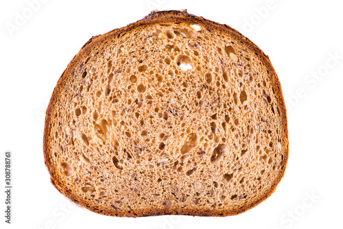 Fotobehang Single slice brown rye breakfast bread with sunflower seed isolated on white bac