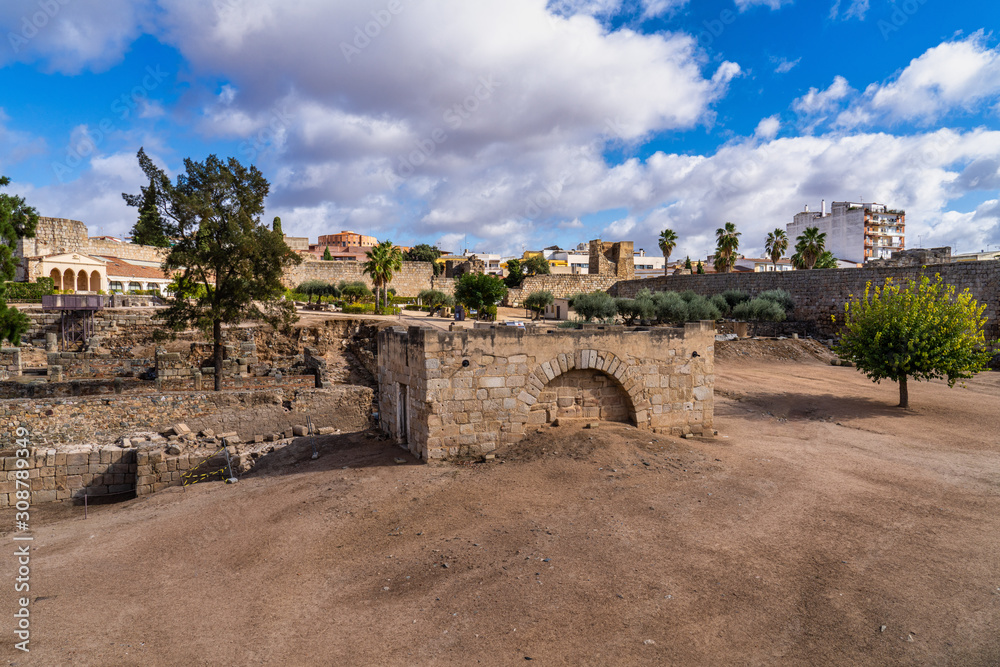 Arab Fortress Alcazaba near Guadiana river in Merida, Spain