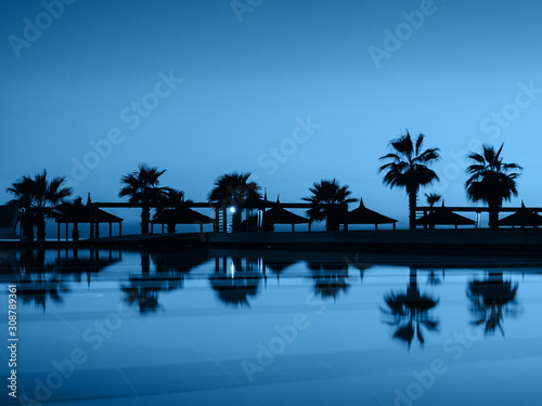 Sunset with silhuettes palm and reflection in swimming pool. Blue color background.