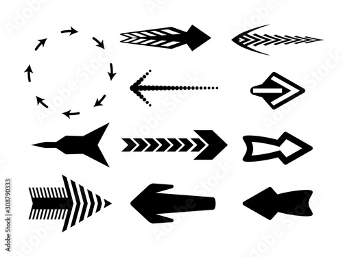 Vector black arrows of various kinds, icons. For business design, infographics. Monochrome pointers. Isolated light background.