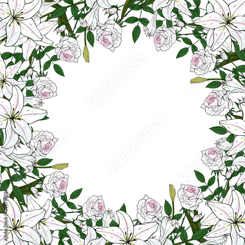 Decorative frame of delicate white roses and lilies on a white background. Wedding luxury flowers. Hand drawing. Stock vector illustration.