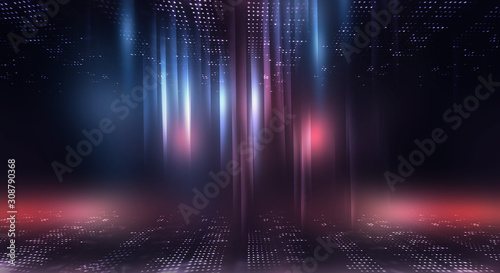 Futuristic abstract neon background, geometric shapes. Abstract light, rays and lines. Empty night scene.